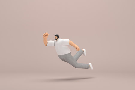 The man with beard wearinggray corduroy pants and white collar t-shirt.  3d illustrator of cartoon character in acting. He is falling down.の写真素材