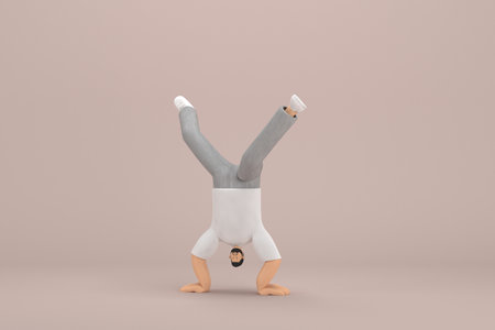 The man with beard wearinggray corduroy pants and white collar t-shirt.  He is doing exercise.  3d illustrator of cartoon character in acting.の写真素材