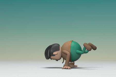 The man  with mustache wearing a brown long sleeve shirt green pants.  He is doing exercise. 3d...