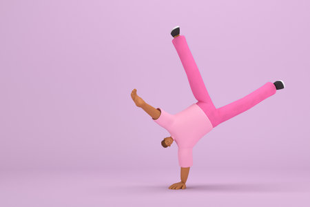 The black man with pink clothes.   He is doing exercise.  3d illustrator of cartoon character in acting.の写真素材
