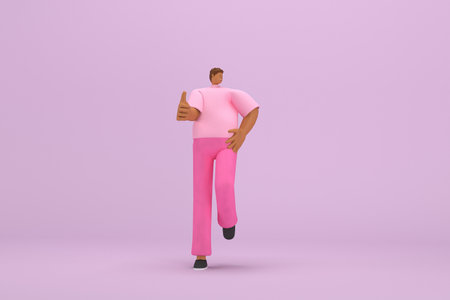 The black man with pink clothes.  He is running. 3d illustrator of cartoon character in acting.の写真素材