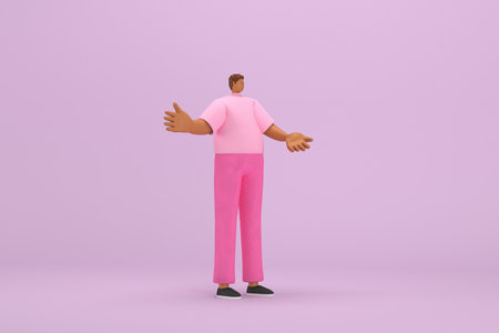 The black man with pink clothes.  He is expression  of body and hand when talking. 3d illustrator of cartoon character in acting.の写真素材