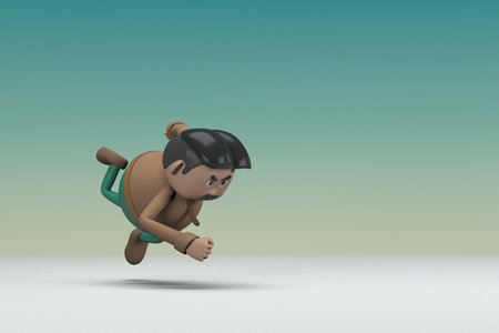 The man  with mustache wearing a brown long shirt green pants. He is falling down. 3d illustrator of cartoon character in acting.の写真素材