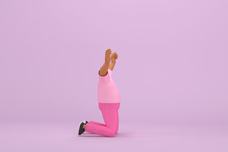 The black man with pink clothes.   He is kneel rejoicing.   3d rendering of cartoon character in acting.の写真素材