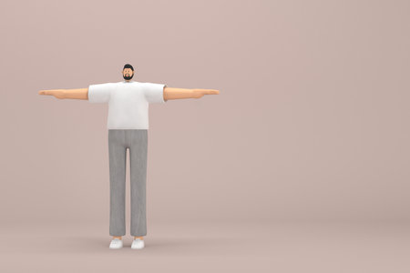 The man with beard wearinggray corduroy pants and white collar t-shirt. He is standing with arms outstretched.  3d rendering of cartoon character in acting.の写真素材