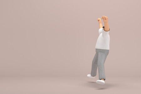 The man with beard wearinggray corduroy pants and white collar t-shirt.  He is jumping. 3d rendering of cartoon character in acting.の写真素材