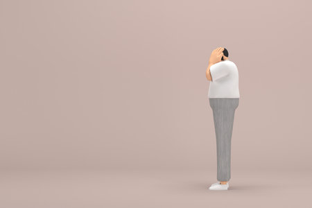 The man with beard wearinggray corduroy pants and white collar t-shirt. He is expression  of hand when talking. 3d rendering of cartoon character in acting.の写真素材