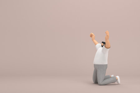 The man with beard wearinggray corduroy pants and white collar t-shirt. He is kneel rejoicing.  3d illustrator of cartoon character in acting.の写真素材