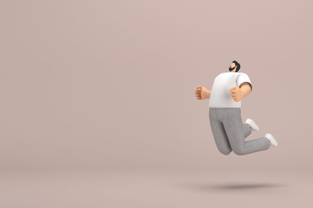 The man with beard wearinggray corduroy pants and white collar t-shirt.  He is jumping. 3d rendering...