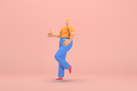 The woman with golden hair tied in a bun wearing blue corduroy pants and Orange T-shirt with white stripes.  She is expression  of hand when talking. 3d rendering of cartoon character in acting.の写真素材
