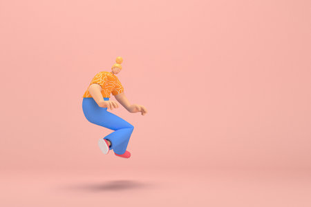 The woman with golden hair tied in a bun wearing blue corduroy pants and Orange T-shirt with white stripes.  She is jumping. 3d rendering of cartoon character in acting.の写真素材