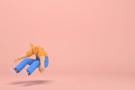 The woman with golden hair tied in a bun wearing blue corduroy pants and Orange T-shirt with white...
