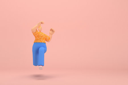 The woman with golden hair tied in a bun wearing blue corduroy pants and Orange T-shirt with white stripes.  She is jumping. 3d rendering of cartoon character in acting.の写真素材