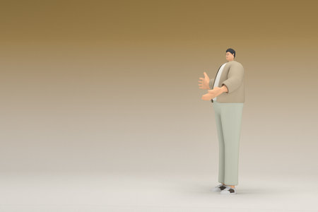 A man with glasses wearing brown cloth. He is expression of hand when talking. 3d rendering of cartoon character in acting.の写真素材