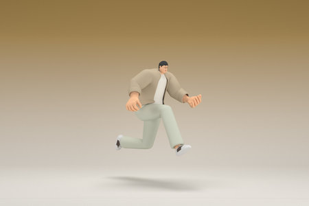 A man with glasses wearing brown cloth is running.  3d rendering of cartoon character in acting.の写真素材
