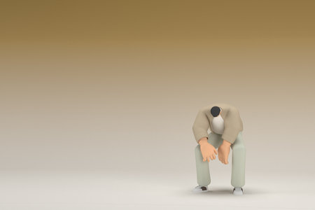 A man with glasses wearing brown cloth.  He is sad or in pain. 3d rendering of cartoon character in acting.の写真素材