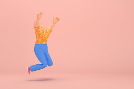 The woman with golden hair tied in a bun wearing blue corduroy pants and Orange T-shirt with white stripes.  She is jumping. 3d rendering of cartoon character in acting.の写真素材