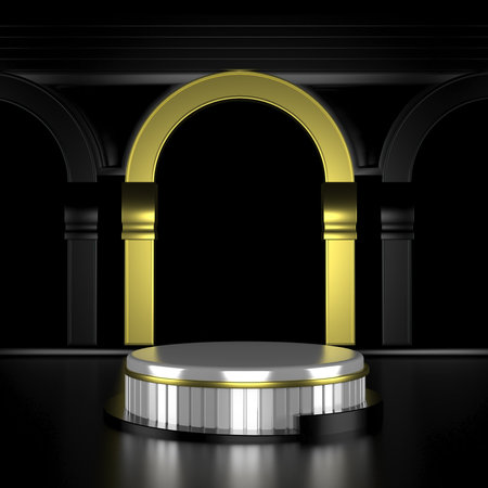 Abstract geometric podium background. Minimalist primitive shapes. Modern mockup. Blank template. Empty showcase. 3d render of shop displayの写真素材