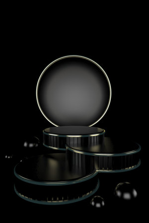 Abstract geometric podium background. Minimalist primitive shapes. Modern mockup. Blank template. Empty showcase. 3d render of shop displayの写真素材