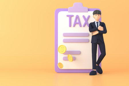 Tax Day Reminder Concept. Businessman submit tax by online concept, online tax payment and report. Business income. 3d illustration.の写真素材