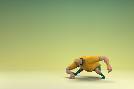 An athlete wearing a yellow shirt and green pants. He is doing exercise. 3d rendering of cartoon character in acting.の写真素材