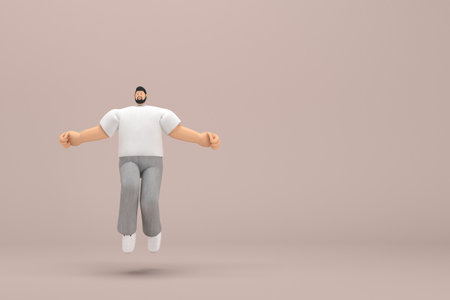 The man with beard wearinggray corduroy pants and white collar t-shirt.  He is jumping. 3d rendering of cartoon character in acting.の写真素材