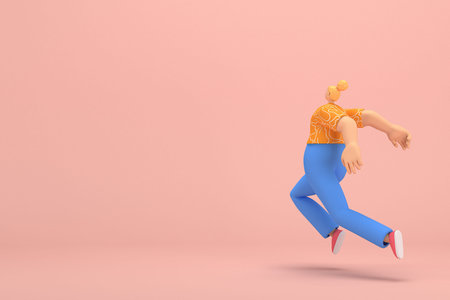 The woman with golden hair tied in a bun wearing blue corduroy pants and Orange T-shirt with white...