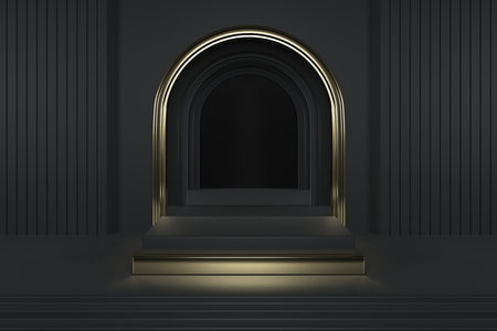 3d render of shop display. Abstract geometric podium background. Minimalist primitive shapes. Modern mockup. Blank template. Empty showcase.の写真素材