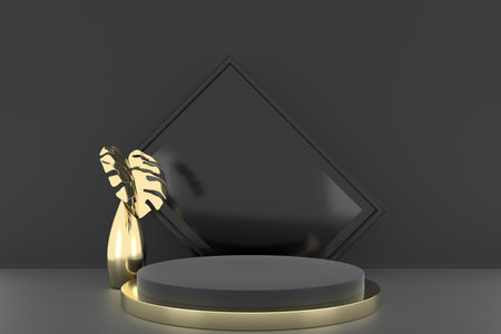 3d render of shop display. Abstract geometric podium background. Minimalist primitive shapes. Modern mockup. Blank template. Empty showcase.の写真素材