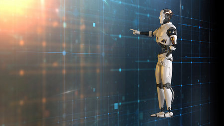 Futuristic world robots are running. Presentation of technology with robots.  3d rendering action of robot.の写真素材