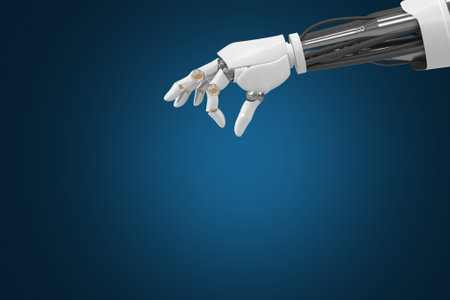 3d rendering of the Robotic Hand, Illuminated Against a Blue Backdrop, Embodying the Unparalleled Potential of AI and Technology to Reshape Our World.の写真素材