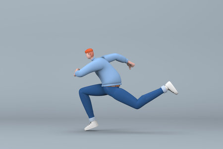 Man in casual clothes making gestures while pushing or running. 3D rendering of a cartoon characterの写真素材