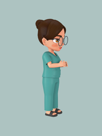 A female character ties her hair into a bun in a green nursing assistant uniform. 3d illustrationの写真素材