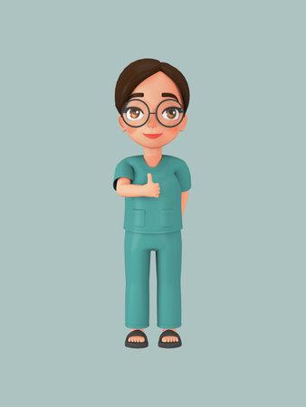 A female character ties her hair into a bun in a green nursing assistant uniform. 3d illustrationの写真素材