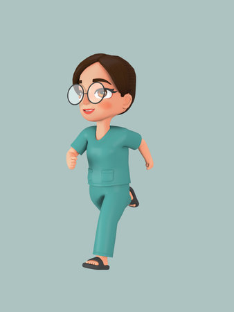 A female character ties her hair into a bun in a green nursing assistant uniform. 3d illustrationの写真素材