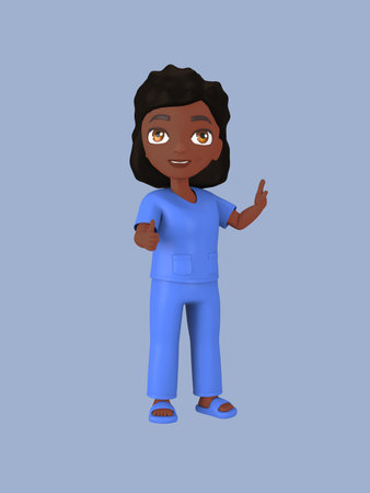 Dark-skinned female character in blue nursing assistant uniform. 3d renderingの写真素材