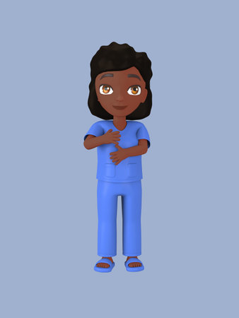 Dark-skinned female character in blue nursing assistant uniform. 3d renderingの写真素材