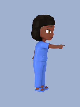Dark-skinned female character in blue nursing assistant uniform. 3d renderingの写真素材