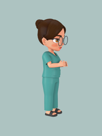A female character ties her hair into a bun in a green nursing assistant uniform. 3d illustrationの写真素材