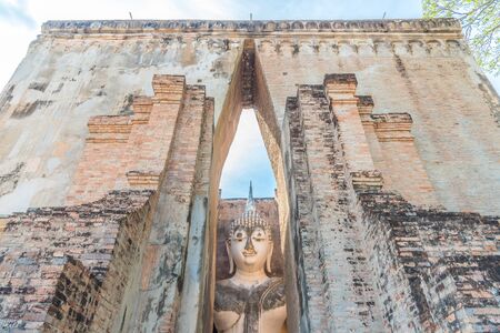 Buddha image in Wat Sri Chum temple at Sukhothai Historical Park, Thailand.の写真素材