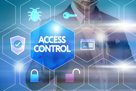 Business, technology, internet and networking concept. Businessman presses a button on the virtual screen: Access controlの写真素材