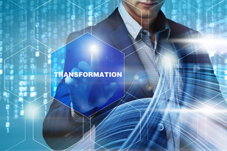 Business internet technology concept. Businessman chooses Transformation button on a touch screen...