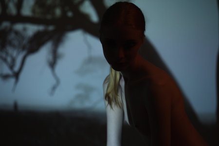 Fashion art studio portrait of elegant naked lady with shadow on her body.の写真素材