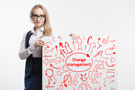 Technology, internet, business and marketing. Young business woman writing word: change management.の写真素材