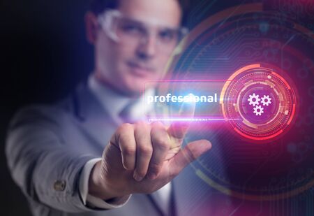Consulting business concept. Businessman presses professional on virtual screen.の写真素材