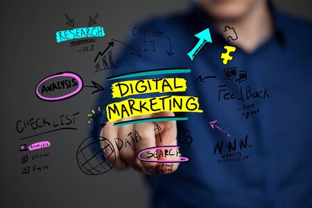 The concept of business, technology, the Internet and the network. A young entrepreneur working on a virtual screen of the future and sees the inscription: Digital marketingの写真素材