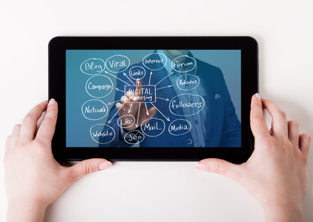 The concept of business, technology, the Internet and the network. A young entrepreneur working on a...