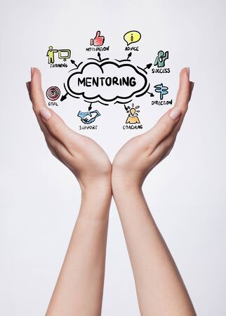 Planning marketing strategy. Business, Technology, Internet and network concept. Young businessman shows the word: mentoringの写真素材