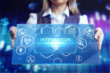 Business, Technology, Internet and network concept. Businessman working on the tablet of the future, select on the virtual display: integrationの写真素材