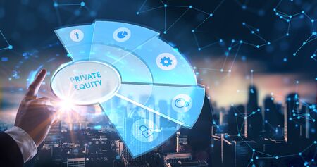 Business, Technology, Internet and network concept. Young businessman shows the word on the virtual display of the future: private equityの写真素材